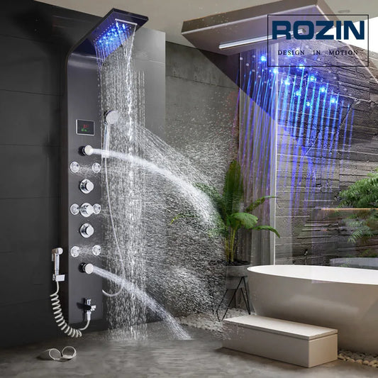 LED Light Shower Waterfall Rain Black Shower Panel