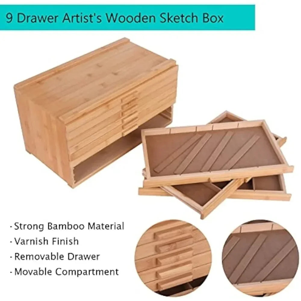 Large Capacity Bamboo-Wood Artist Supply Storage Box