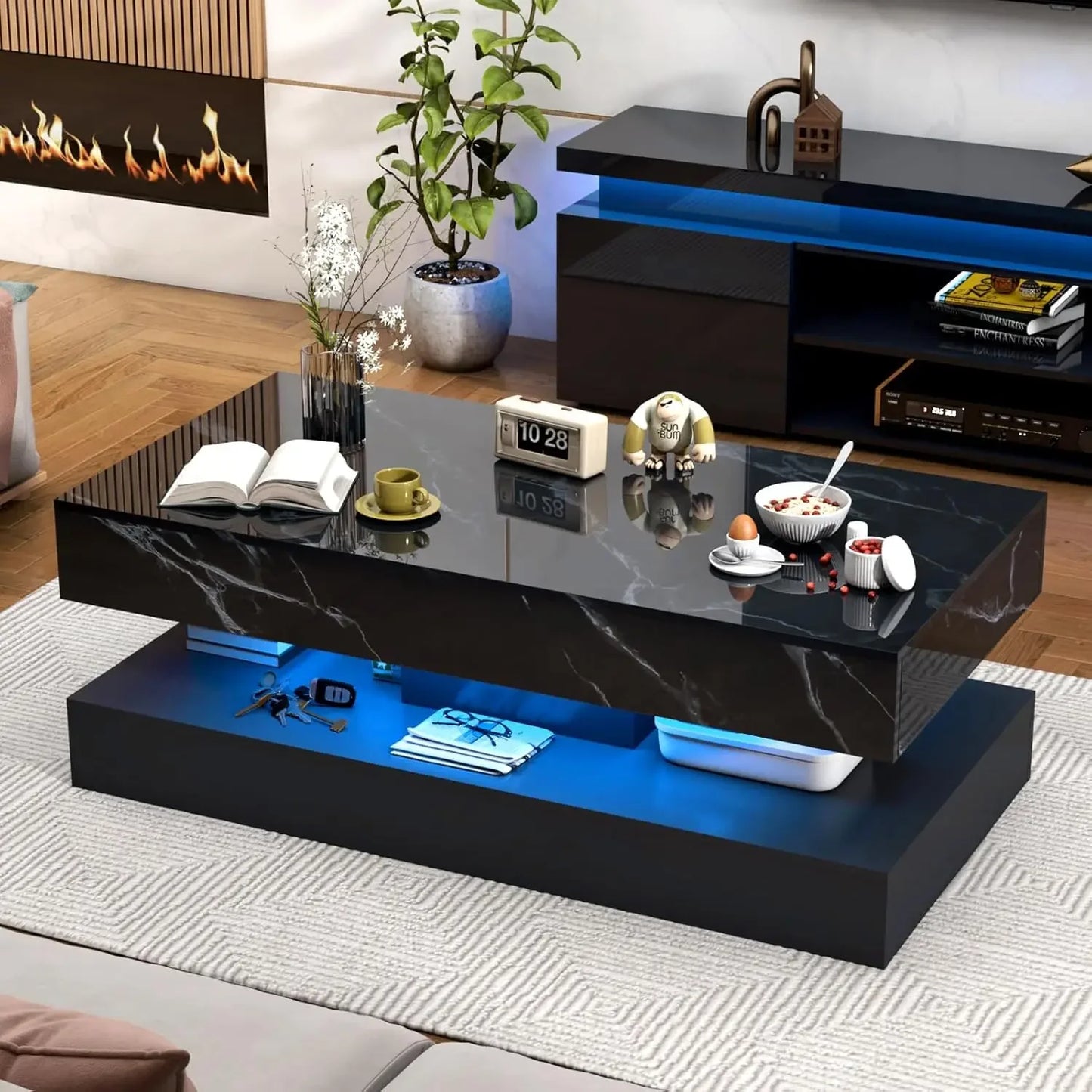 High-Glossy 47" LED Coffee Table with 2 Sliding Drawers