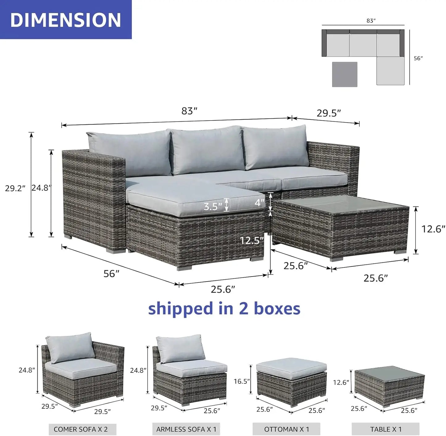 5 Piece Outdoor Patio Furniture Sectional Conversation