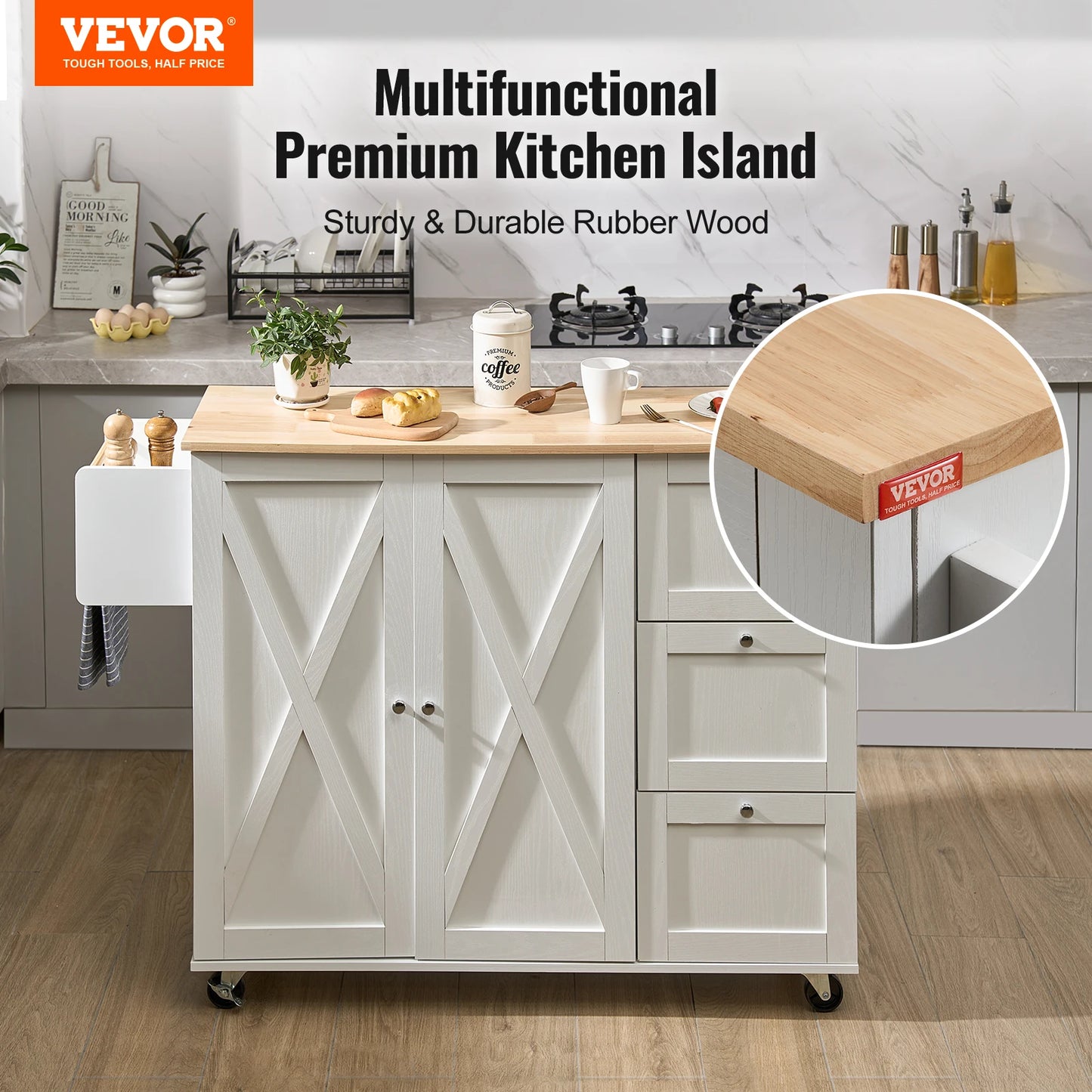 VEVOR 2-Door 3-Drawer White Mobile Kitchen Island