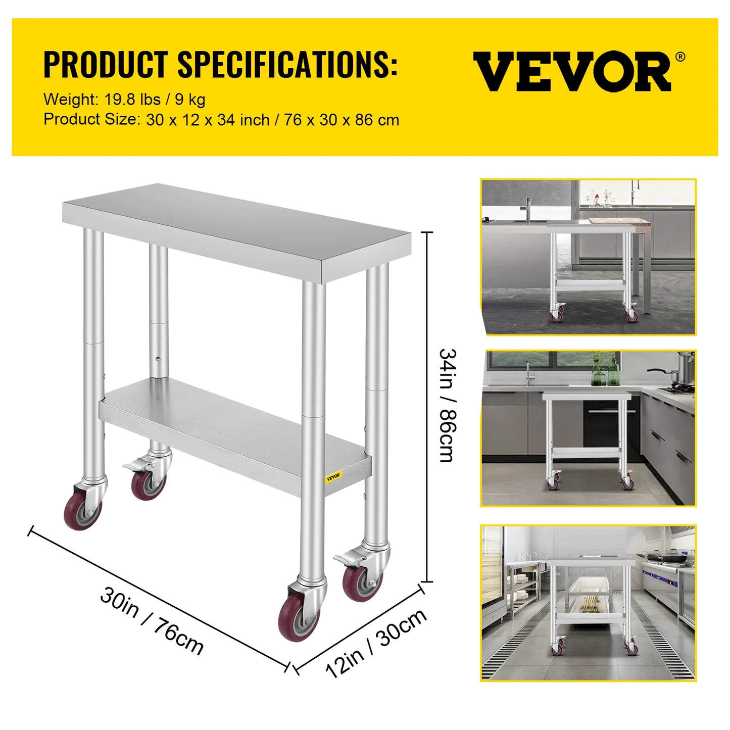 VEVOR Stainless Steel Kitchen Worktable With Shelve