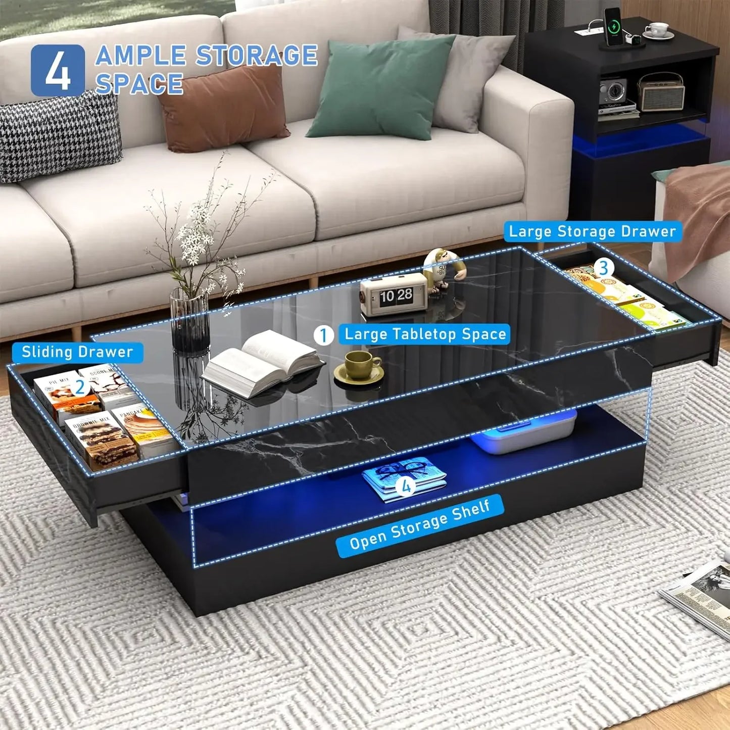 High-Glossy 47" LED Coffee Table with 2 Sliding Drawers