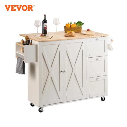 VEVOR 2-Door 3-Drawer White Mobile Kitchen Island