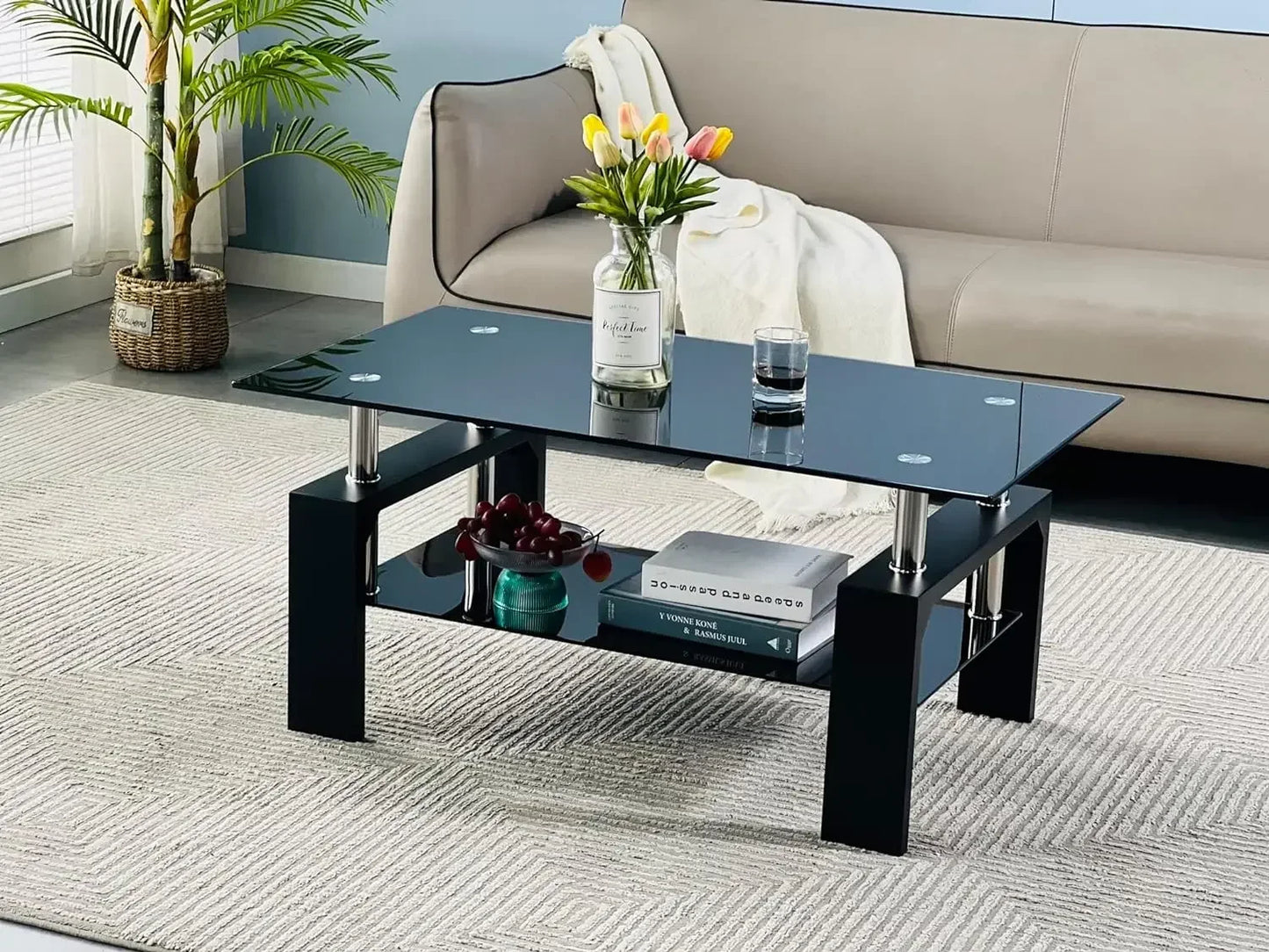 Living Room Rectangle Coffee Table with Glass Tabletop